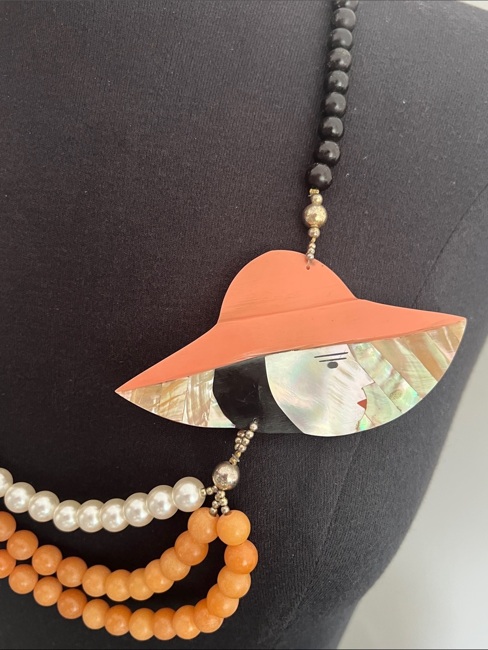 Statement Shell Face Necklace with Coral Hat and Beads